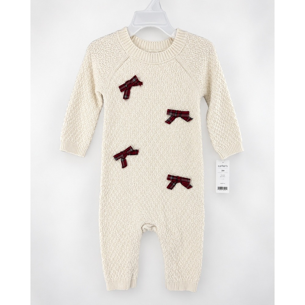 Carter's Baby Girl Plaid Bow Knit Jumpsuit Ivory 9M New With Tags
